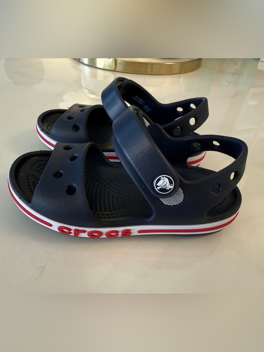 CROCS Navy Kids' Clog Sandals with Red & White Stripe